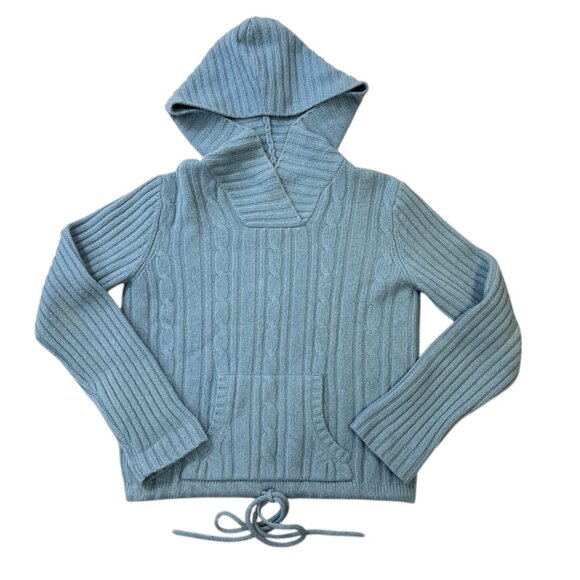 Twiggy London Lambswool Blue Sweater Hoodie Cable Knit Tie Waist Pocket Sz S - Picture 5 of 10